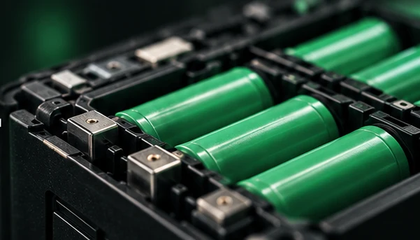 Pacco batteria aperto: celle cilindriche verdi collegate da lamelle metalliche